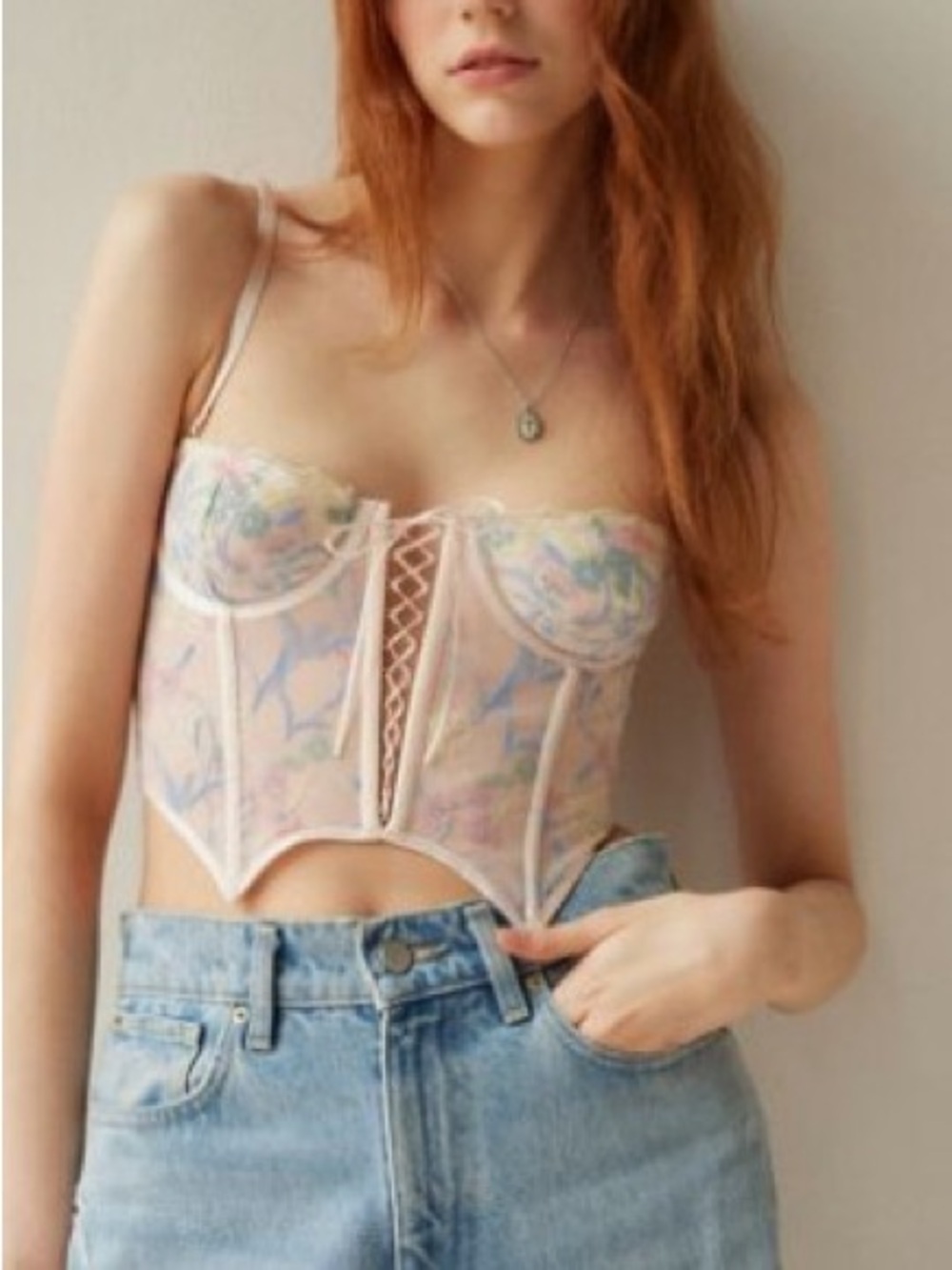 Out From Under Urban Outfitters Sheer Floral Corset Top Lace Up Bustier Mesh M